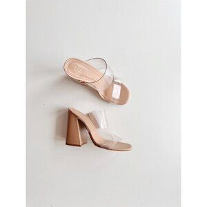 NWT SCHUTZ Victorie Beige Leather PVC Strap High Block Heel Sandals, Size 5.5